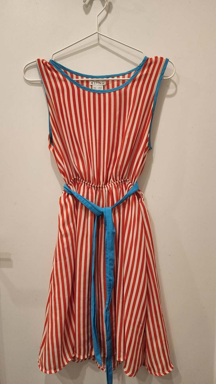 Kling Red and Pink Striped Sleeveless Dress with Blue Trim